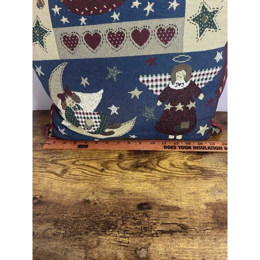 Vintage Christmas Tapestry Pillow Angels Moon Stars Folk Art Cottagecore Decor